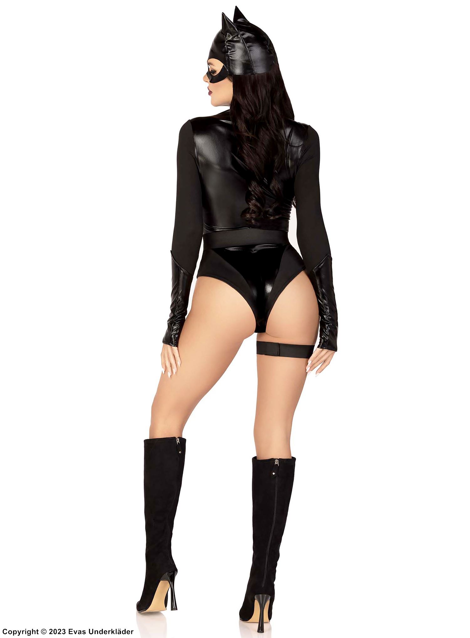 Catwoman, maskerad-body i lamé med dragkedja på framsidan och långa ärmar